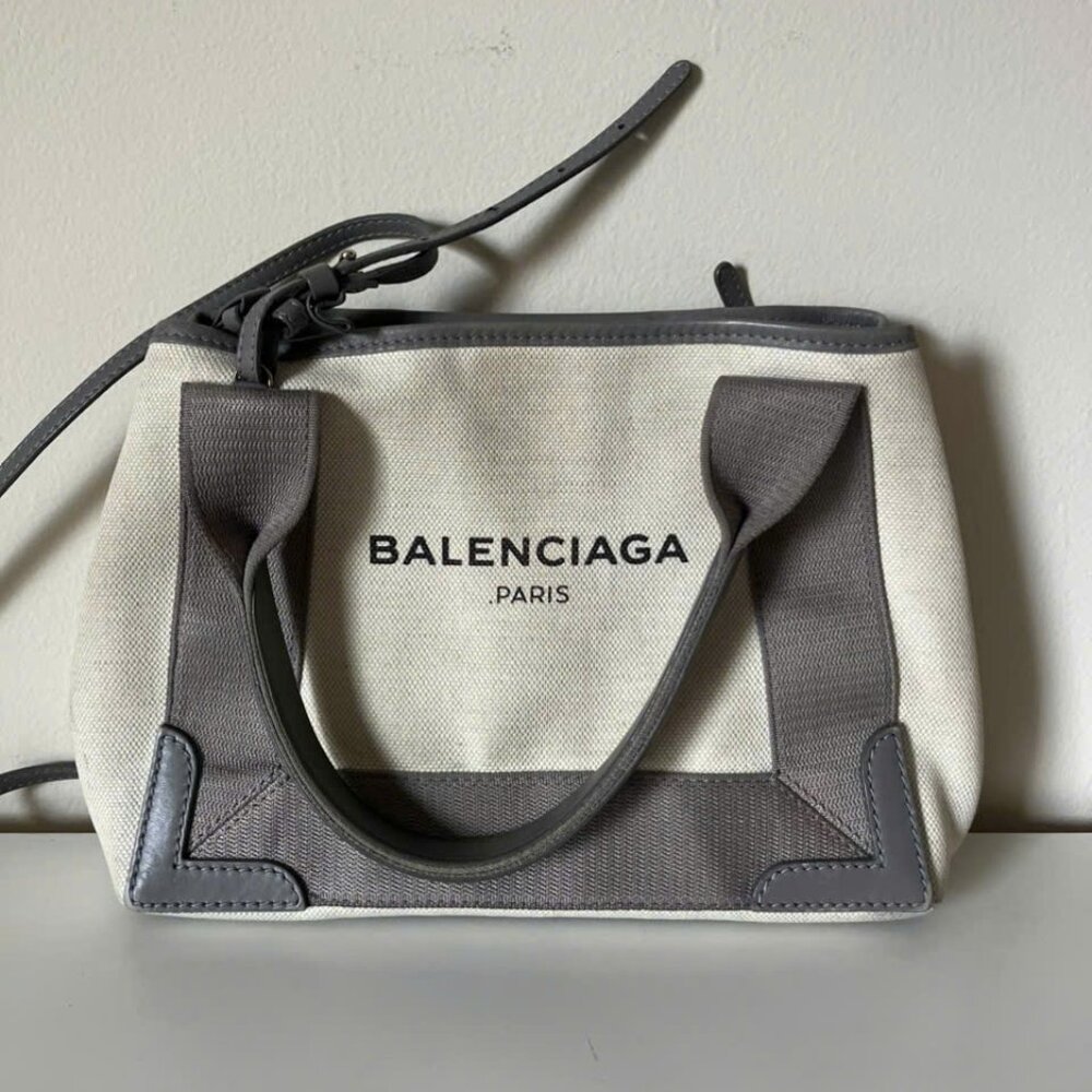 BALENCIAGA Beige Grey Canvas and Calfskin Leather Cabas Crossbody Bag